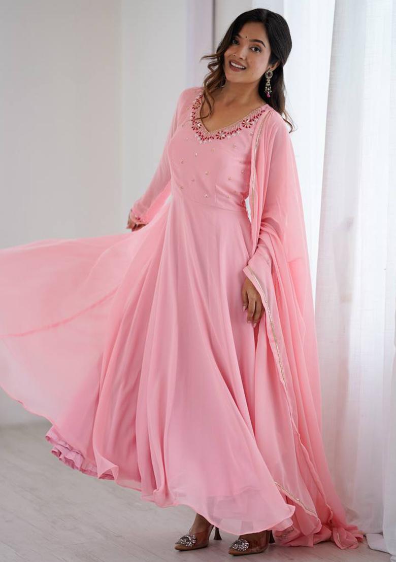 Pink Solid Georgette Gown - Indya