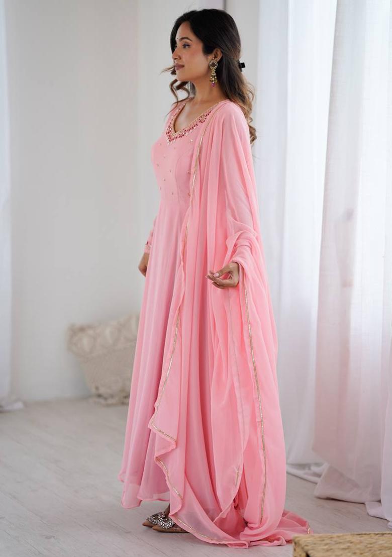 Pink Solid Georgette Gown - Indya