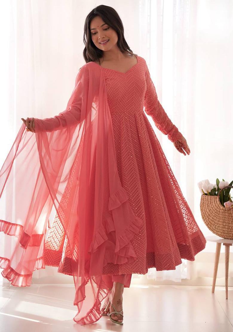 Peach Embellished Georgette Anarkali Set