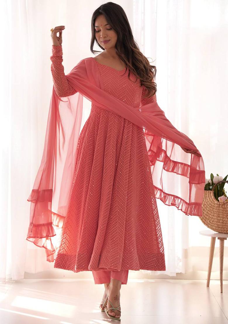 Peach Embellished Georgette Anarkali Set