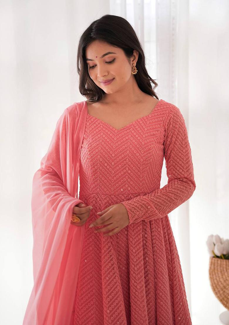 Peach Embellished Georgette Anarkali Set