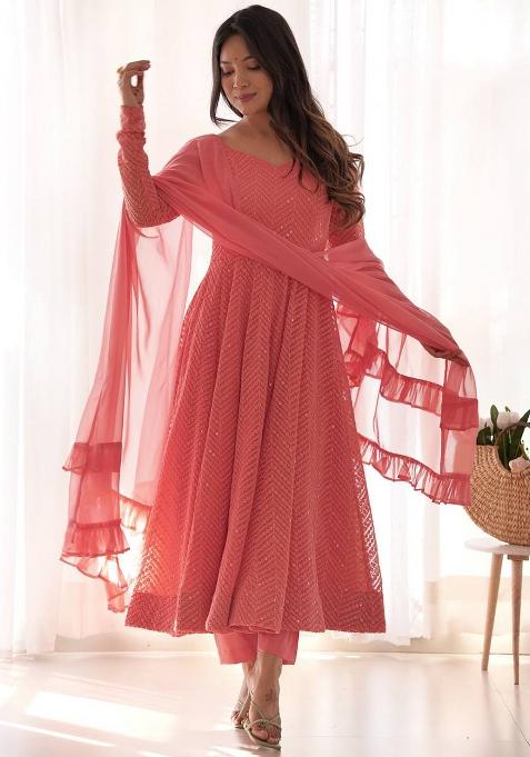 Peach Embellished Georgette Anarkali Set