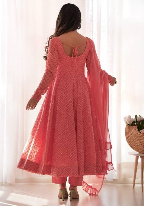 Peach Embellished Georgette Anarkali Set