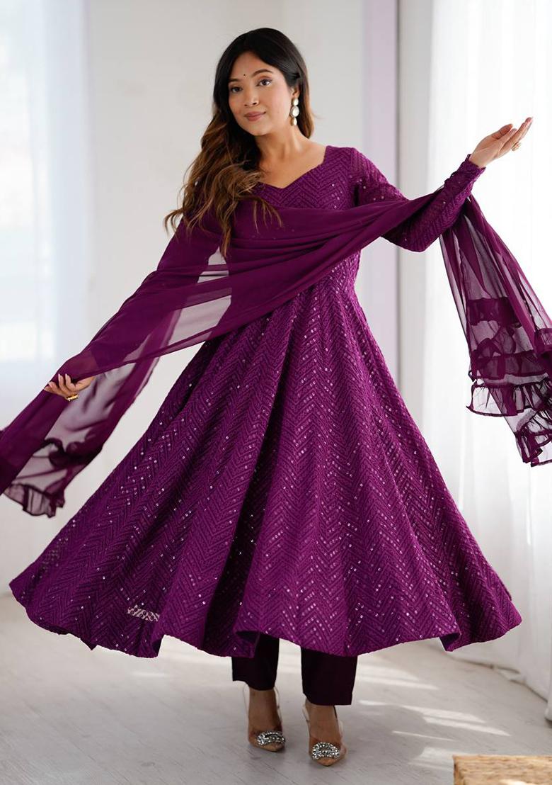 Wine Embellished Georgette Anarkali Set