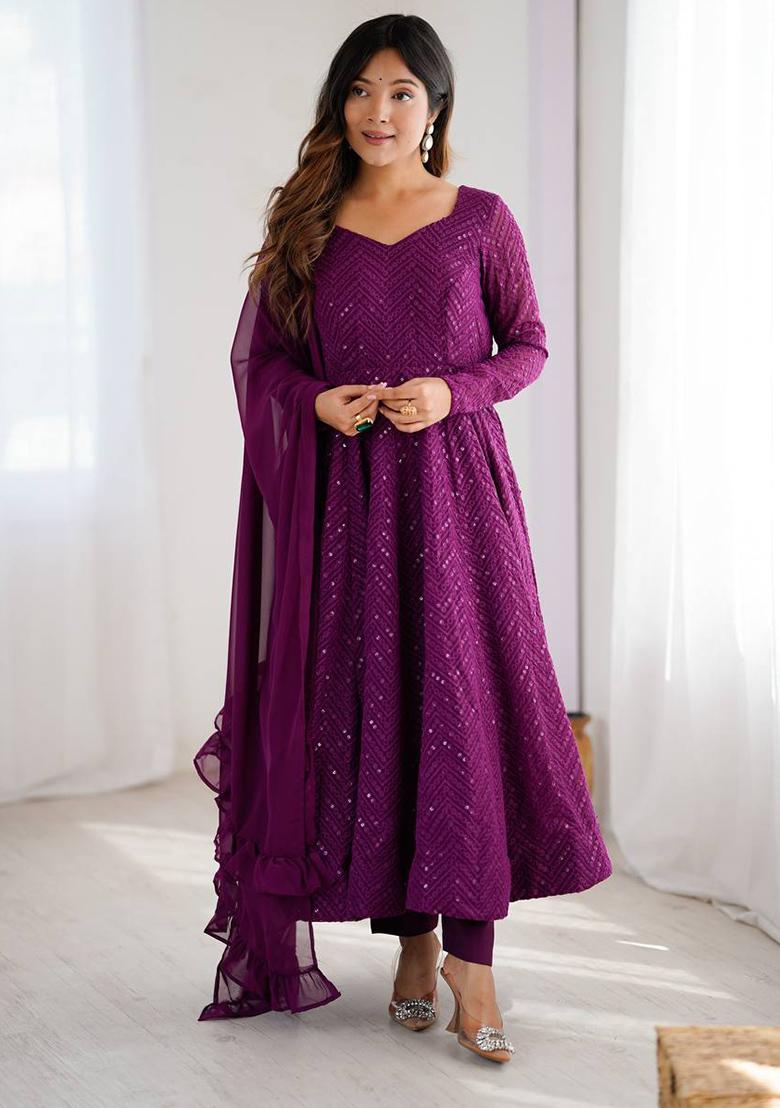 Wine Embellished Georgette Anarkali Set