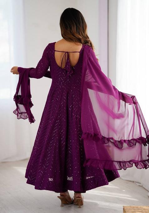 Wine Embellished Georgette Anarkali Set
