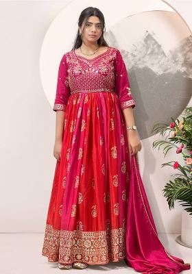 Magenta Pink Printed Chinon Gown