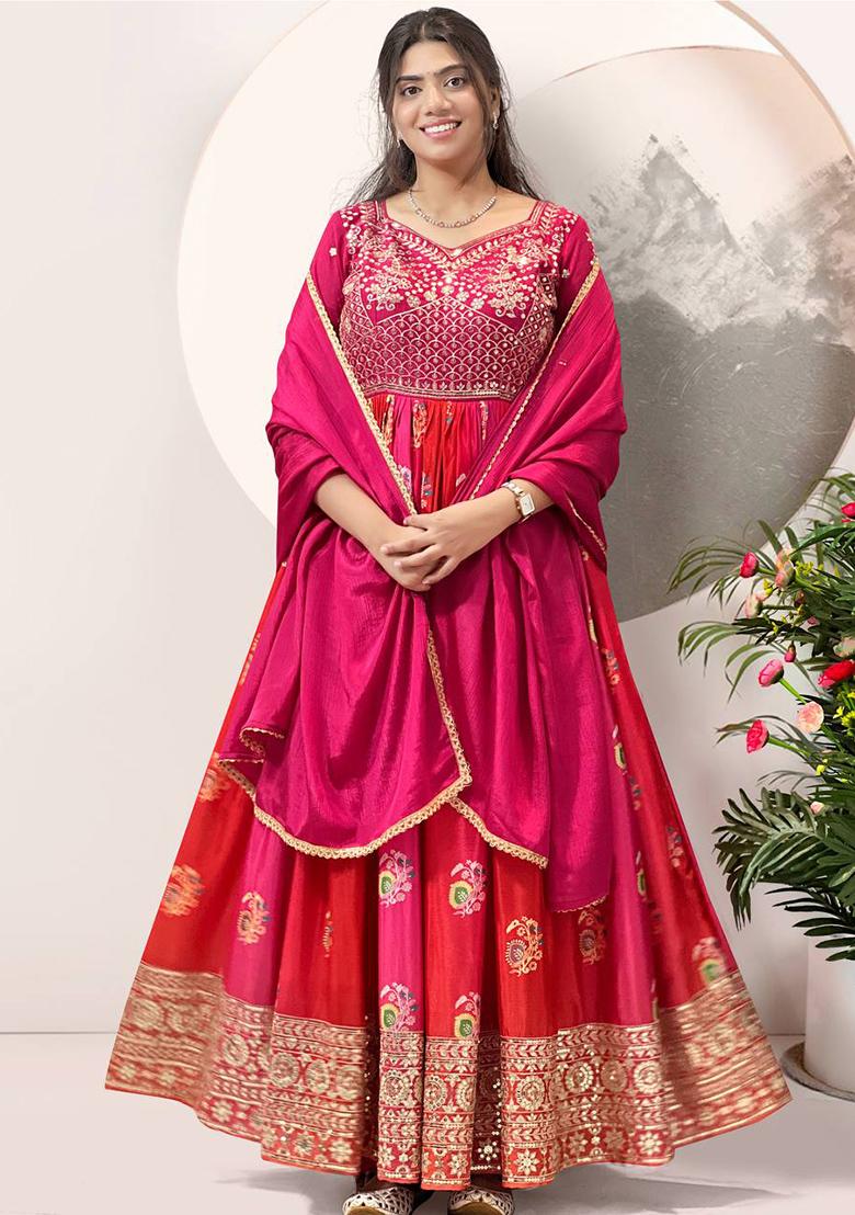 Magenta Pink Printed Chinon Gown - Indya