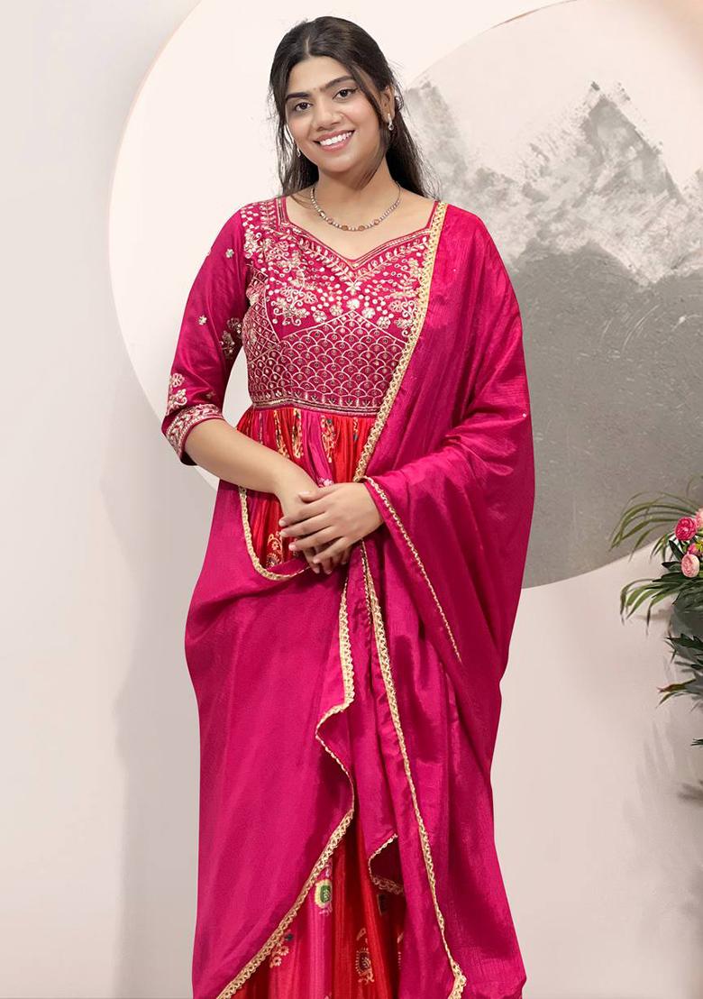 Magenta Pink Printed Chinon Gown - Indya