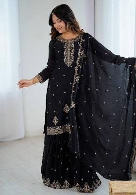 Black Embroidered Silk Sharara Set