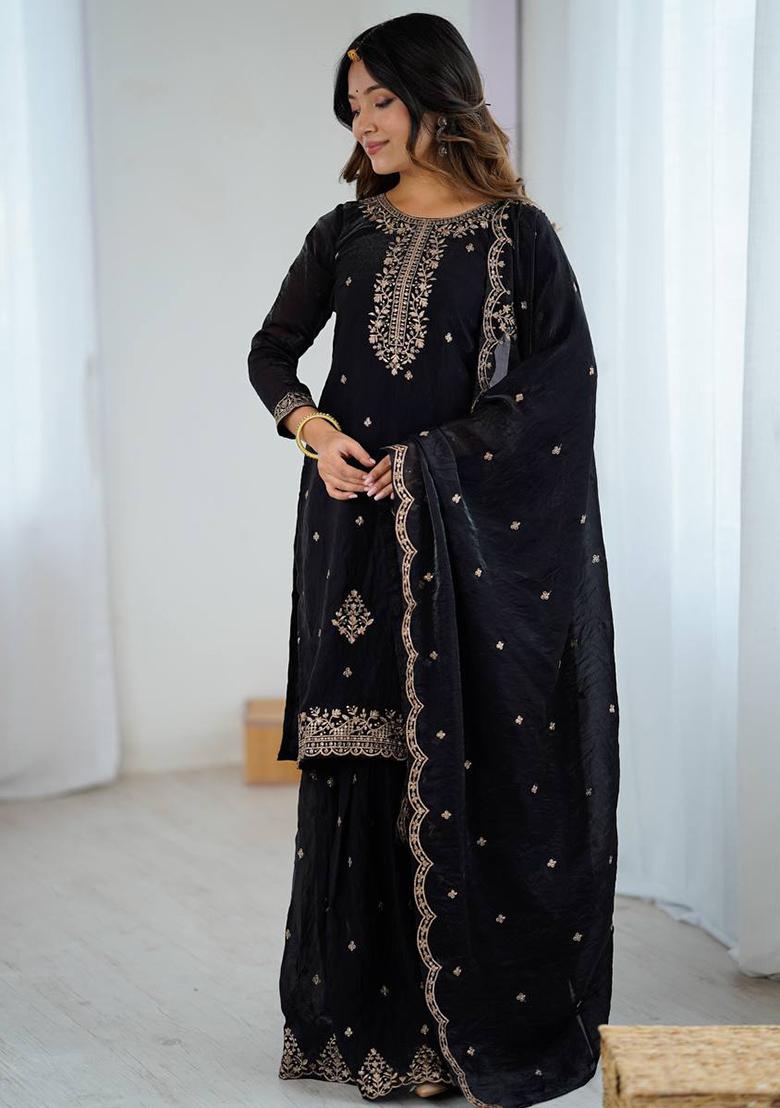 Black Embroidered Silk Sharara Set - Indya