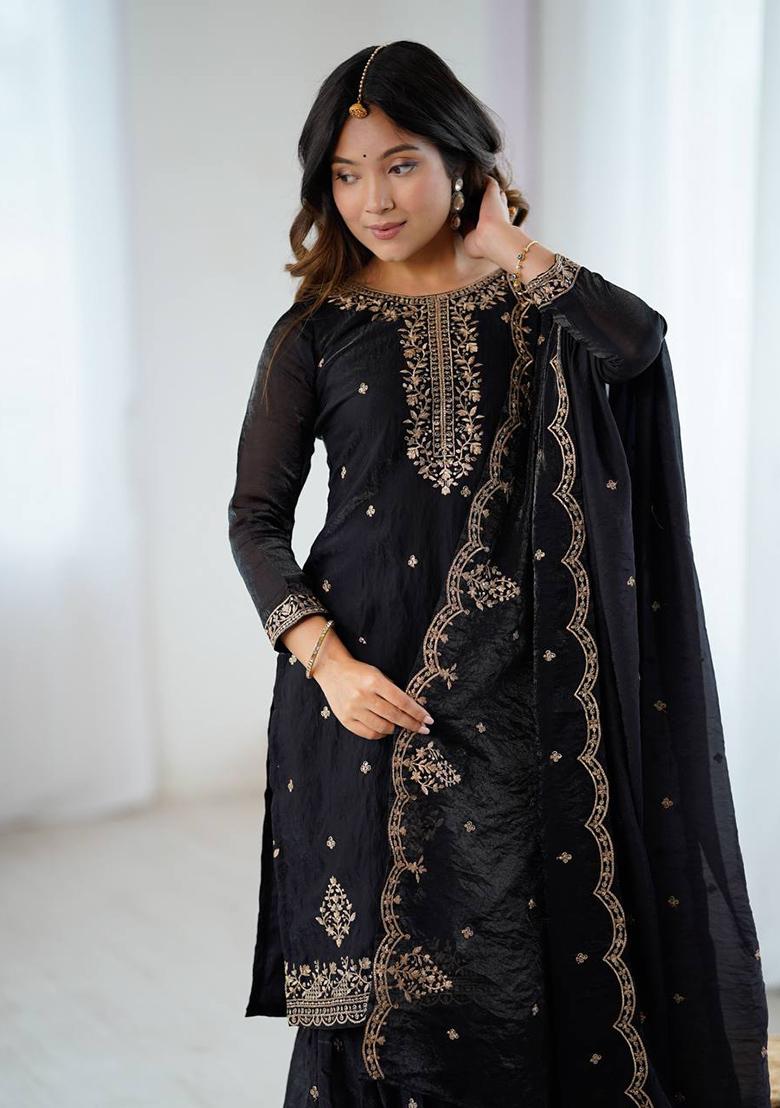Black Embroidered Silk Sharara Set - Indya