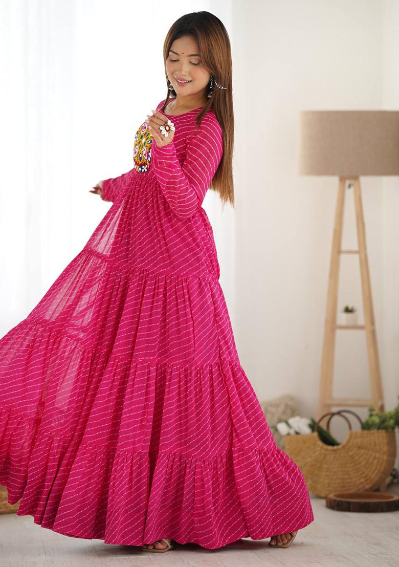 Pink Printed Georgette Gown - Indya