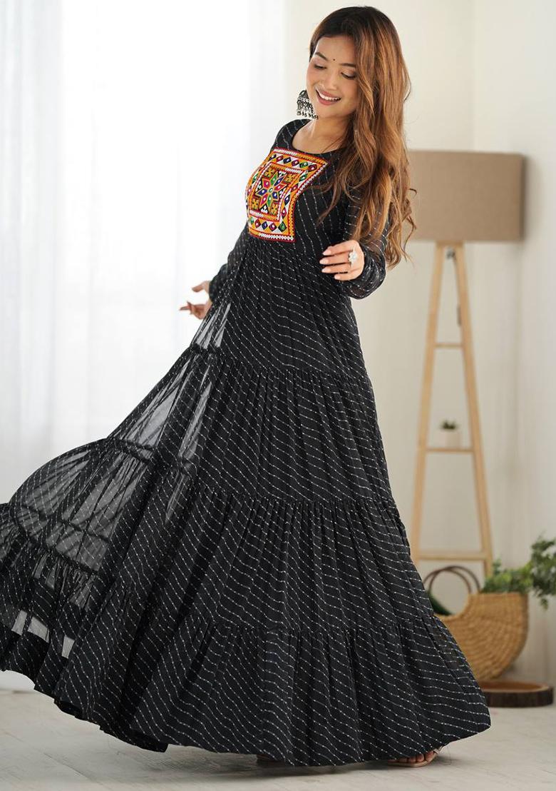 Black Printed Georgette Gown - Indya