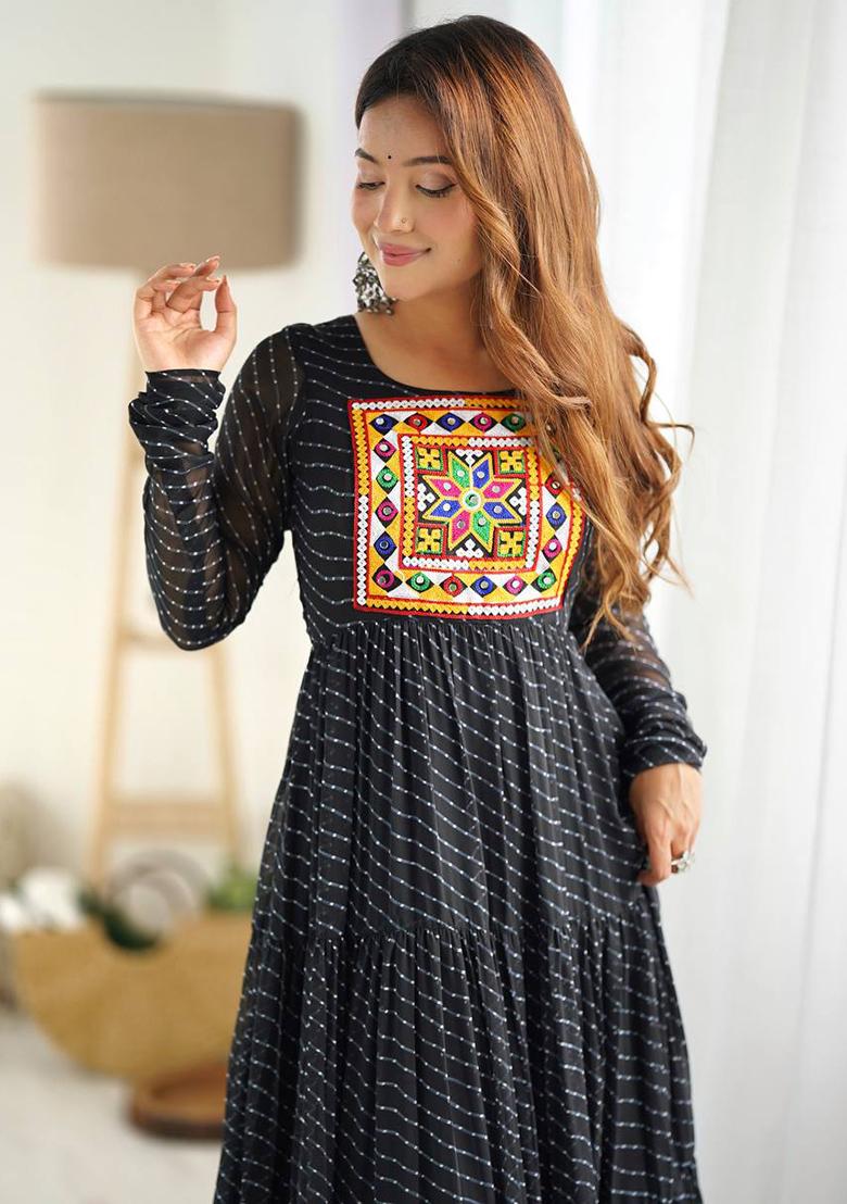 Black Printed Georgette Gown - Indya