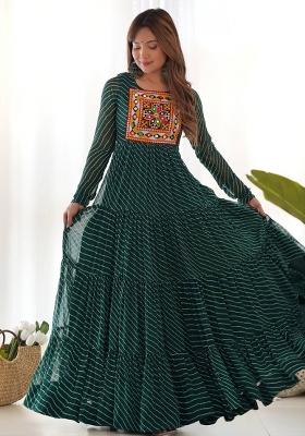 Bottle Green Printed Georgette Gown