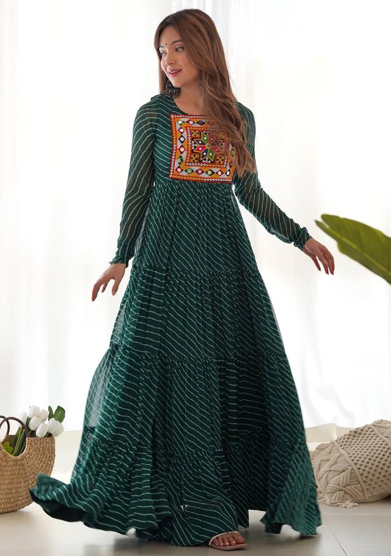 Bottle Green Printed Georgette Gown - Indya