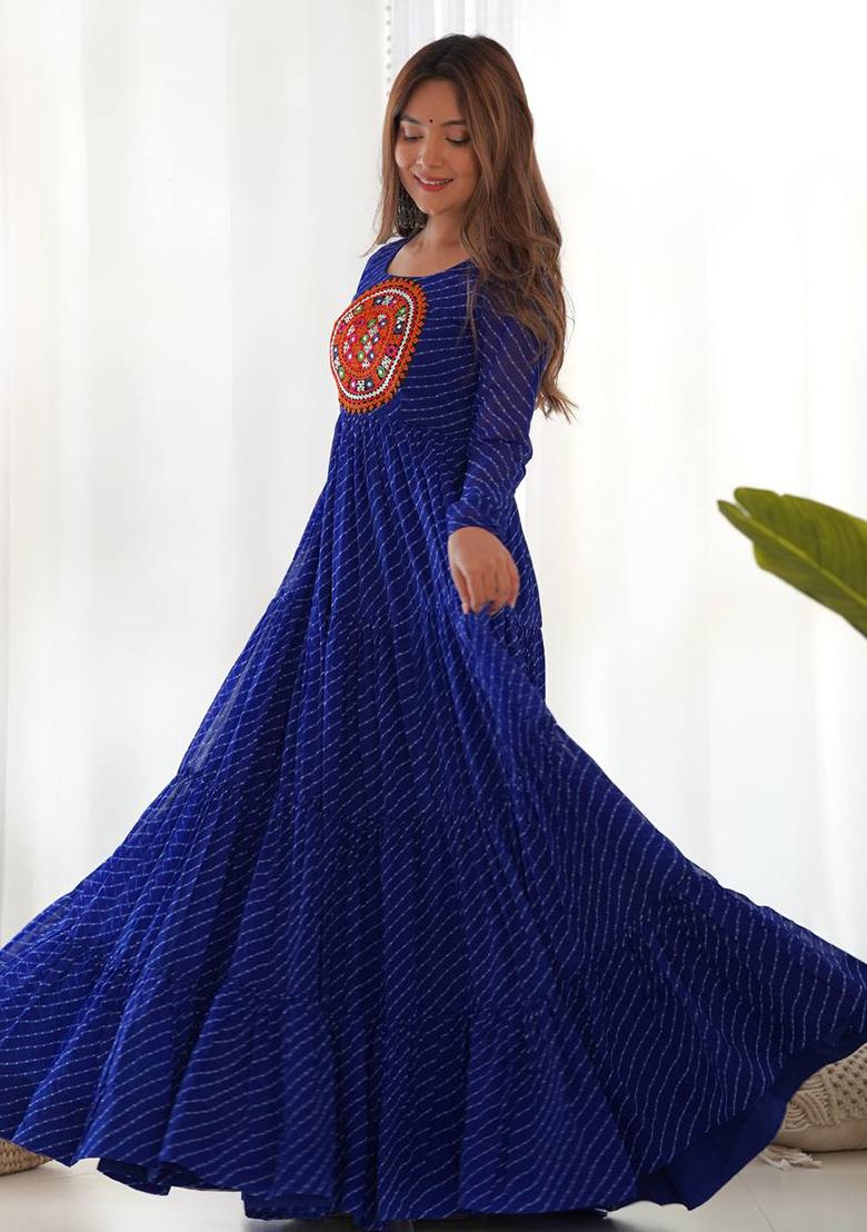 Royal Blue Printed Georgette Gown - Indya