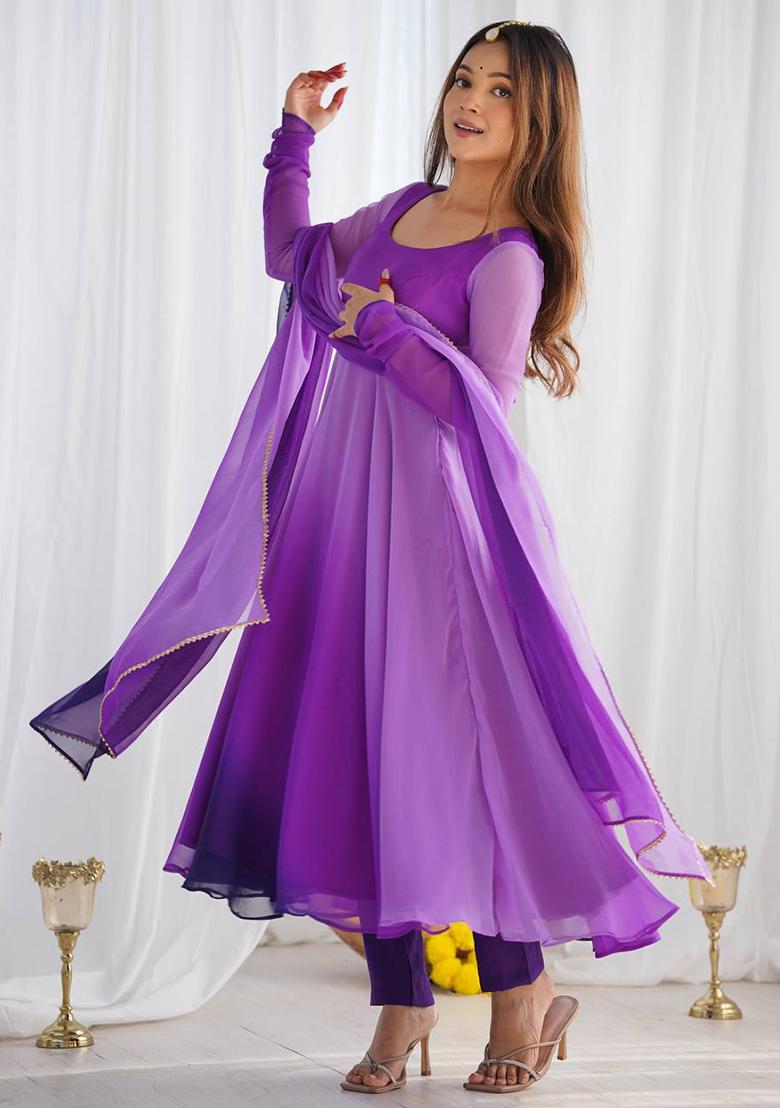 Purple Solid Georgette Anarkali Set - Indya