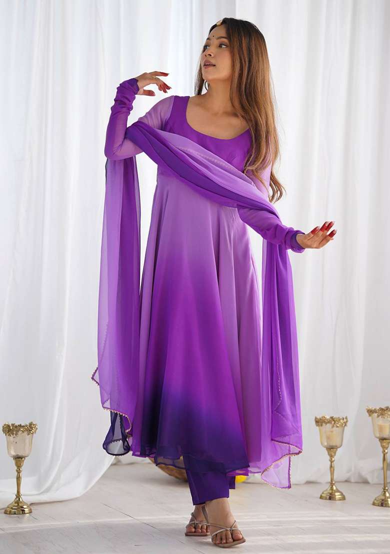 Purple Tie And Dye Georgette A Line Kurta Set - Indya