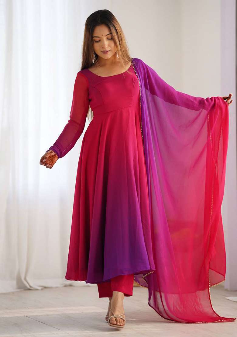 Dark Pink Tie And Dye Georgette Anarkali With Dupatta - Indya
