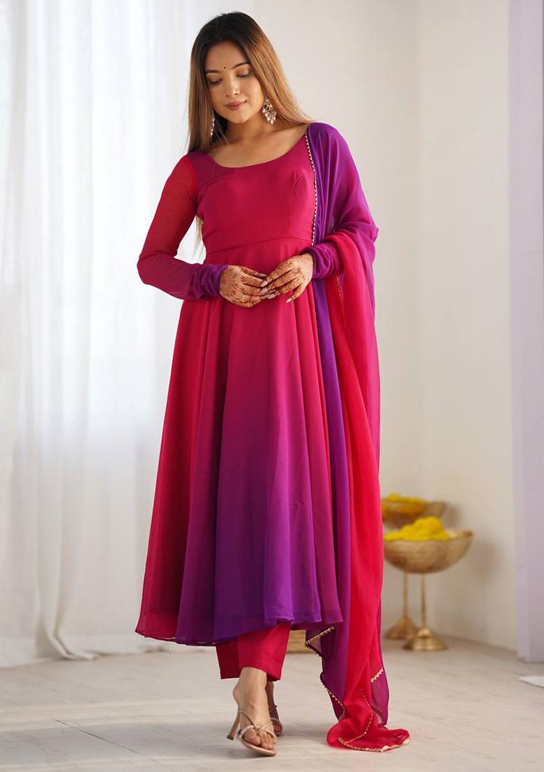 Dark Pink Solid Georgette Anarkali Set - Indya