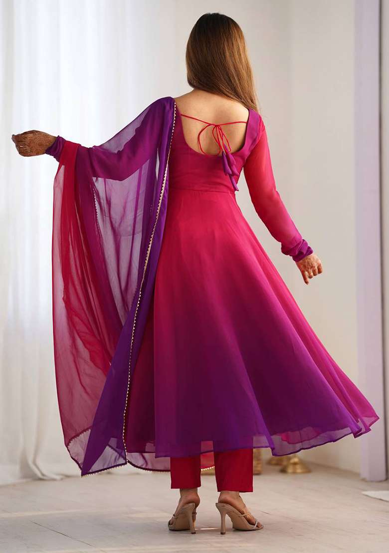 Dark Pink Tie And Dye Georgette Anarkali With Dupatta - Indya