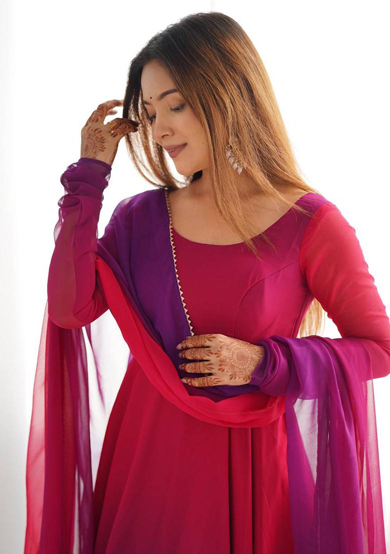Dark Pink Solid Georgette Anarkali Set - Indya