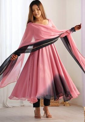 Pink And Black Ombre Solid Georgette Anarkali Set