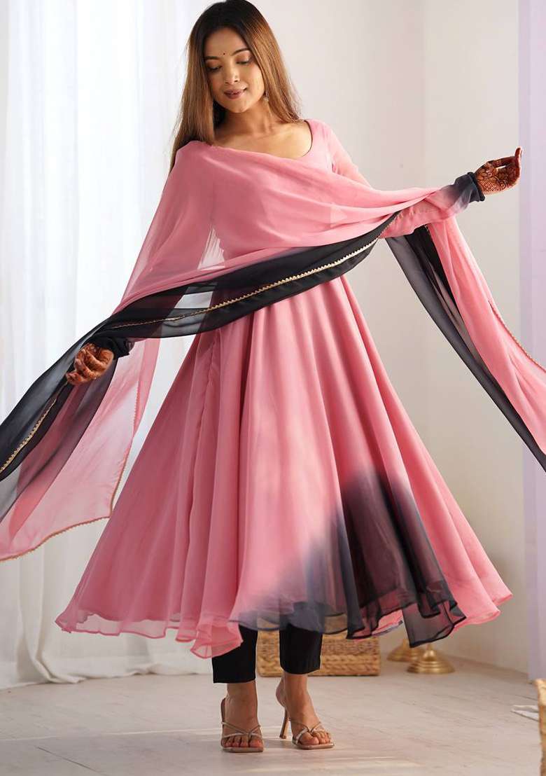 Pink And Black Tie And Dye Georgette Anarkali With Dupatta - Indya