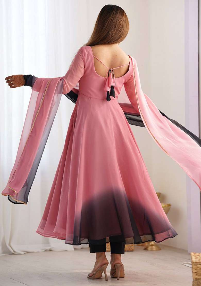 Pink And Black Tie And Dye Georgette Anarkali With Dupatta - Indya