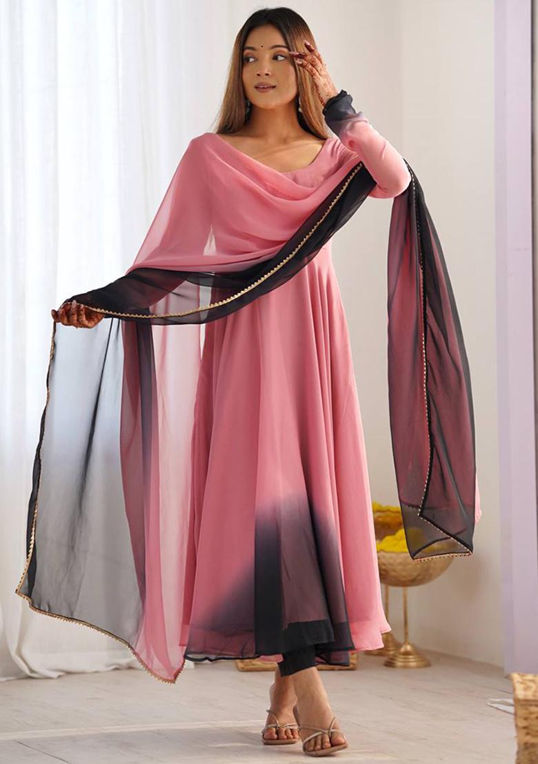 Pink And Black Ombre Solid Georgette Anarkali Set - Indya