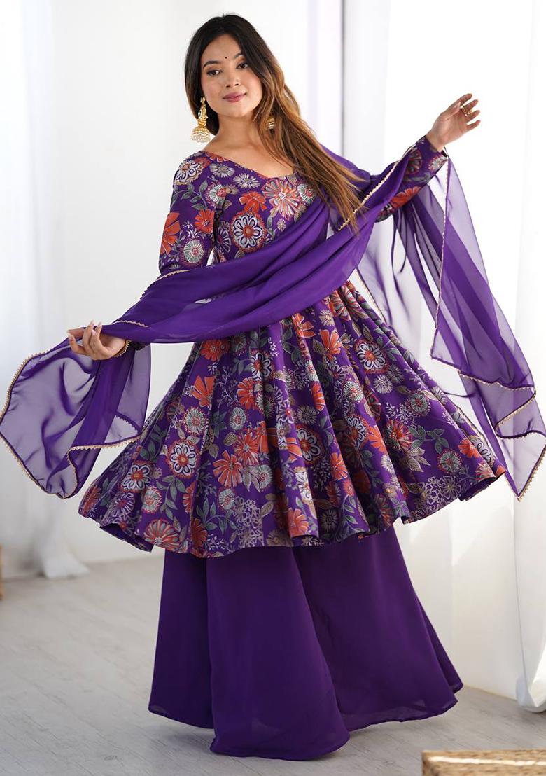 Purple Printed Chanderi Sharara Set - Indya