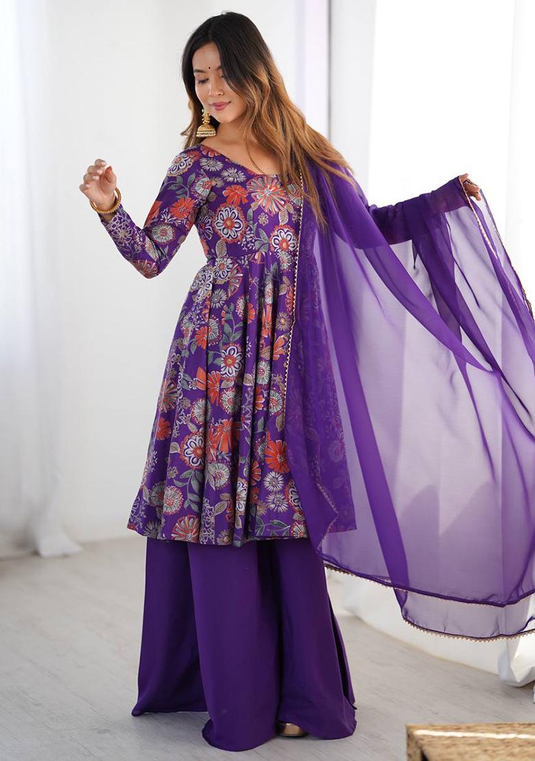 Purple Printed Chanderi Sharara Set - Indya
