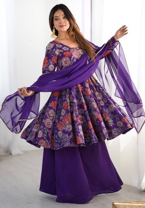 Purple Printed Chanderi Sharara Set