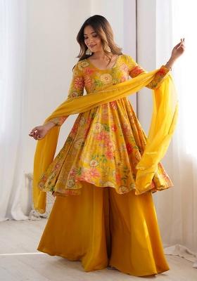 Yellow Printed Chanderi Sharara Set
