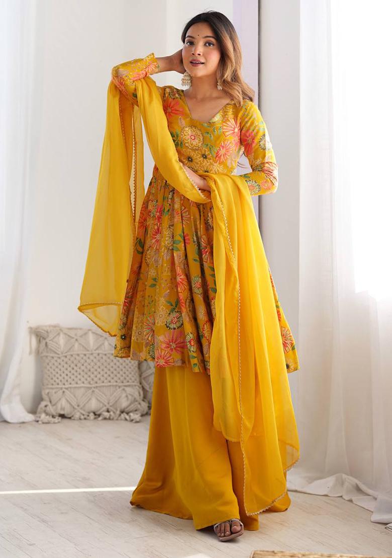Yellow Printed Chanderi Sharara Set - Indya