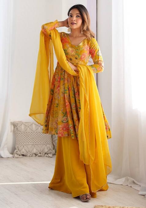 Yellow Printed Chanderi Sharara Set