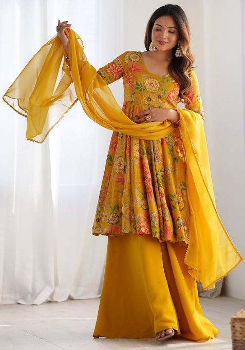 Yellow Printed Chanderi Sharara Set