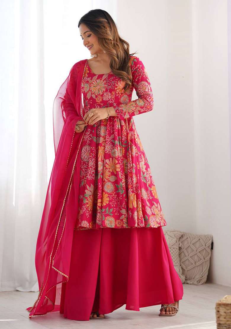 Rani Pink Floral Print Chanderi Sharara Set - Indya