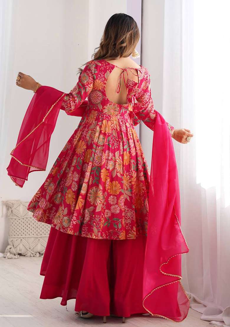 Rani Pink Floral Print Chanderi Sharara Set - Indya