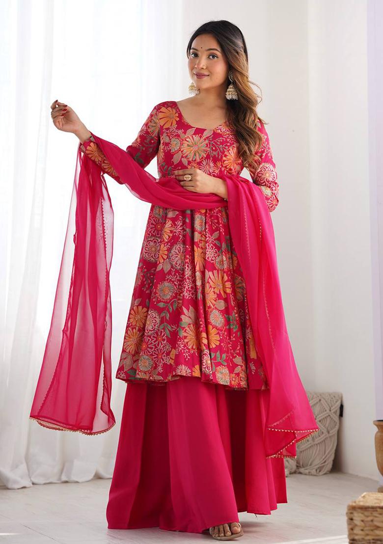 Rani Pink Printed Chanderi Sharara Set - Indya