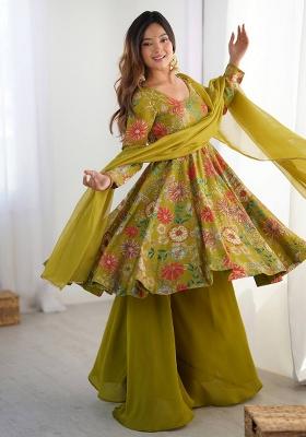 Mehendi Printed Chanderi Sharara Set