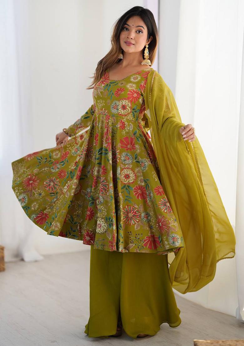 Mehendi Printed Chanderi Sharara Set - Indya