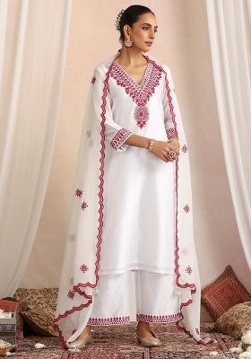 White Hand Embroidery Chanderi Kurta Set With Dupatta