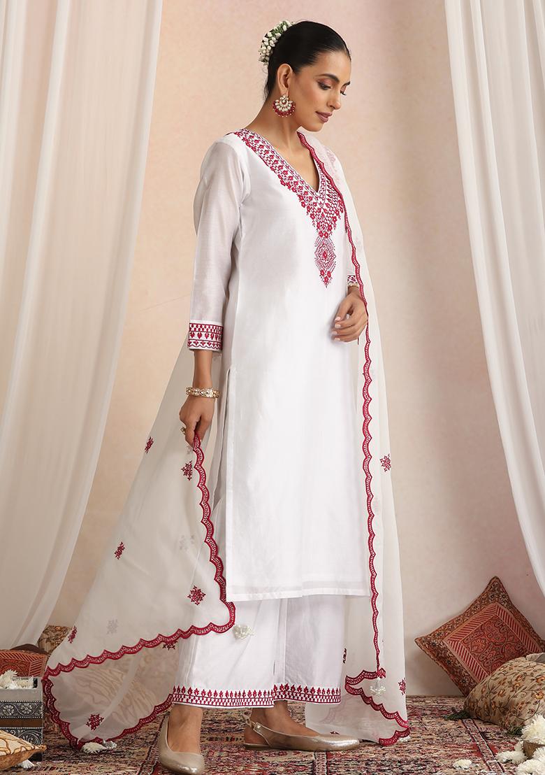 White Hand Embroidery Chanderi Kurta Set With Dupatta - Indya
