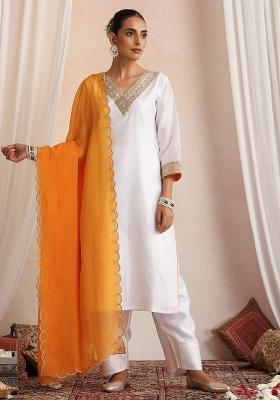 Orange Hand Embroidery Chanderi Kurta Set With Dupatta
