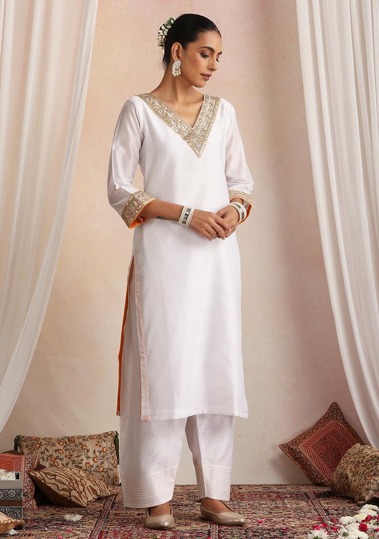 Orange Hand Embroidery Chanderi Kurta Set With Dupatta - Indya