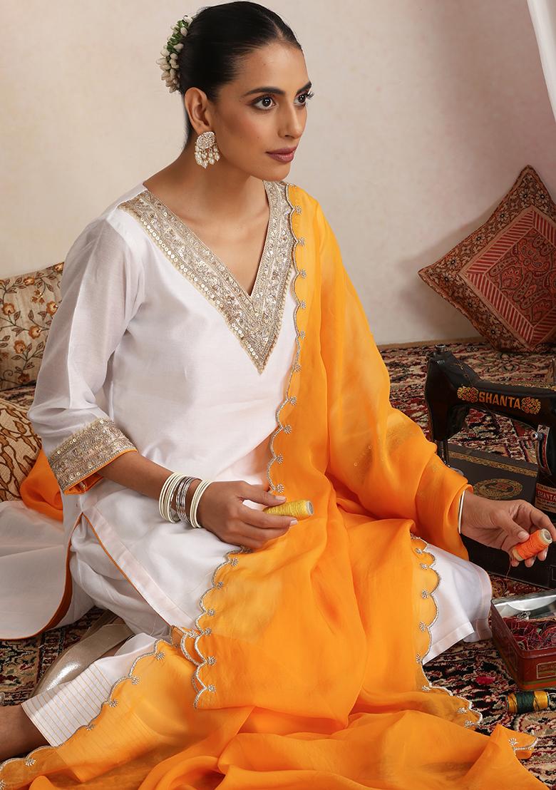 Orange Hand Embroidery Chanderi Kurta Set With Dupatta - Indya