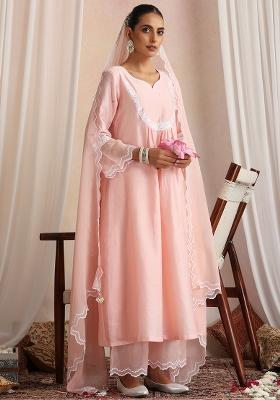 Peach Hand Embroidery Chanderi Kurta Set With Dupatta